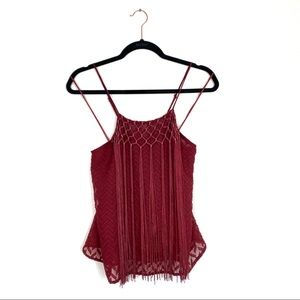 ASTR Burgundy Red Tasseled Fringe Embroidered Herringbone Chevron Swing Tank Top